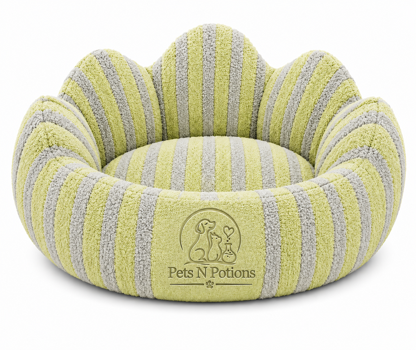 Pets N Potions Round Plush Calming Dog Bed – Soft Washable Pet Bed – Yellow and Grey (2)