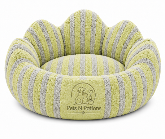 Pets N Potions Round Plush Calming Dog Bed – Soft Washable Pet Bed – Yellow and Grey (2)