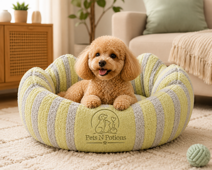 Pets N Potions Round Plush Calming Dog Bed – Soft Washable Pet Bed – Yellow and Grey (3)
