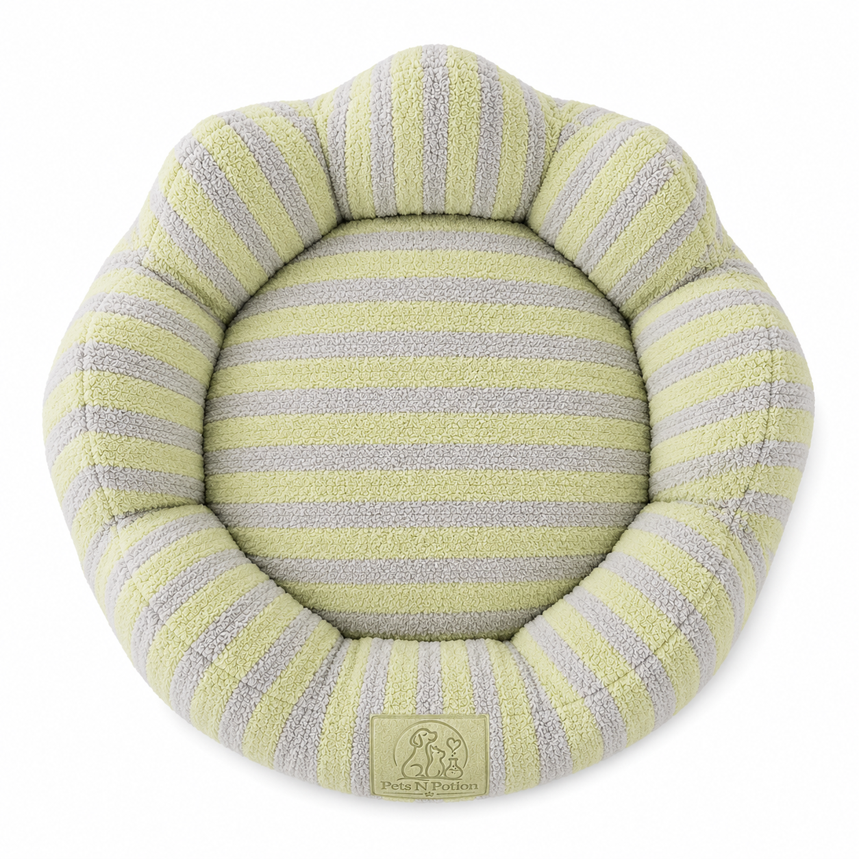 Pets N Potions Round Plush Calming Dog Bed – Soft Washable Pet Bed – Yellow and Grey (4)