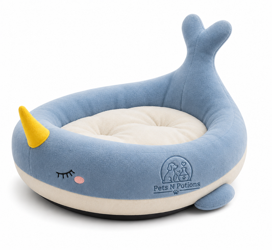 Pets N Potions Whale Shaped Plush Cat Bed – Soft Calming Kitten and Cat Bed – Blue (3)