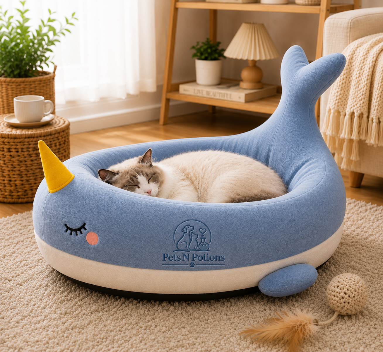 Pets N Potions Whale Shaped Plush Cat Bed – Soft Calming Kitten and Cat Bed – Blue (4)