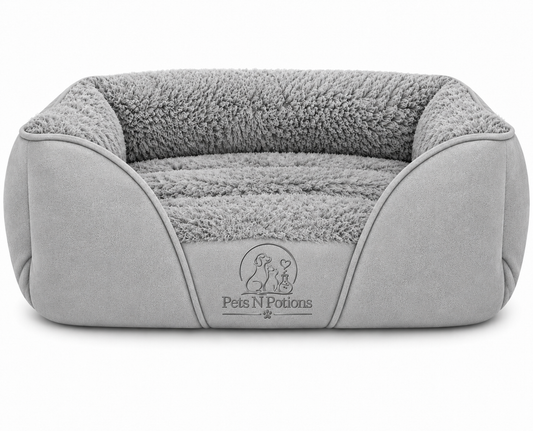 Pets N Potions Luxury Plush Dog Bed – Soft Washable Calming Dog Sofa Bed – Grey (2)