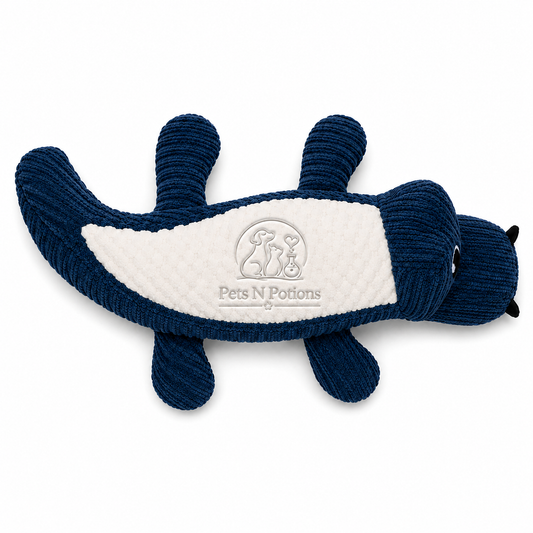 Pets N Potions Plush Crocodile Dog Toy – Soft Squeaky Interactive Chew Toy – Blue (1)