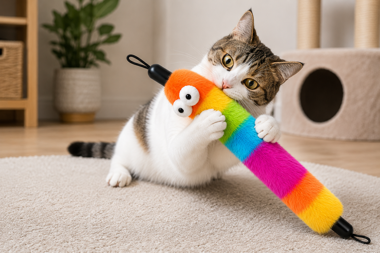 Pets N Potions Rainbow Plush Cat Kicker Toy – Interactive Catnip Chew and Kick Toy – Multicolour (1)
