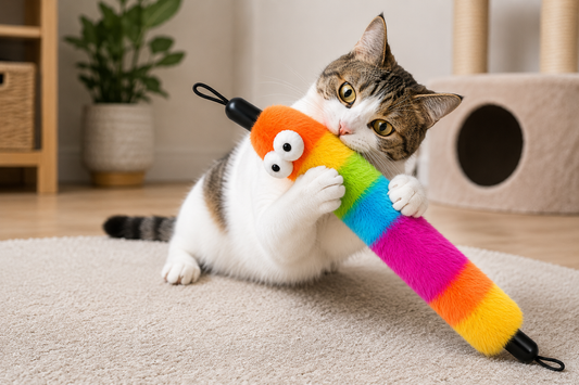Pets N Potions Rainbow Plush Cat Kicker Toy – Interactive Catnip Chew and Kick Toy – Multicolour (1)